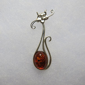 Pendentif chat moustachu grand modle - bijou ambre et argent